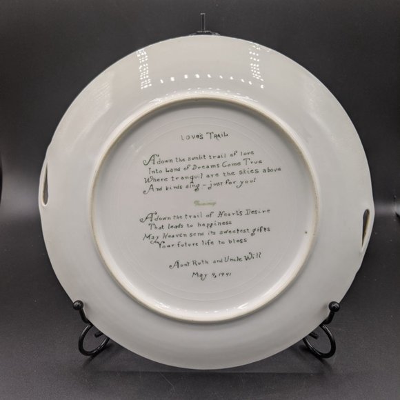 Wild Rose Cake Plate w Loves Trail Poem VTG 1941 Hand Painted Double Handle 10" - Picture 3 of 5